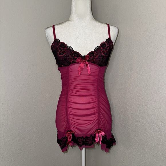 Flora Pink & Black Sheer Babydoll Lingerie Slip Dress Women's S/M Coquette Y2K - Picture 1 of 9